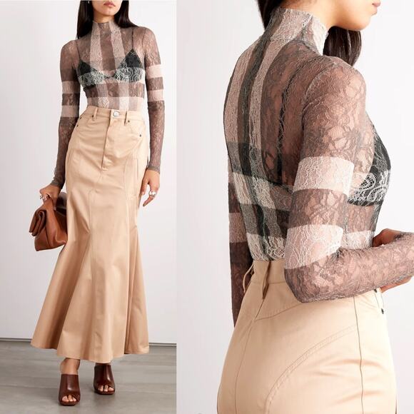 Burberry Tops - Burberry Checked Stretch-Knit Long Sleeve High Neck Bodysuit in Dark Birch Brown